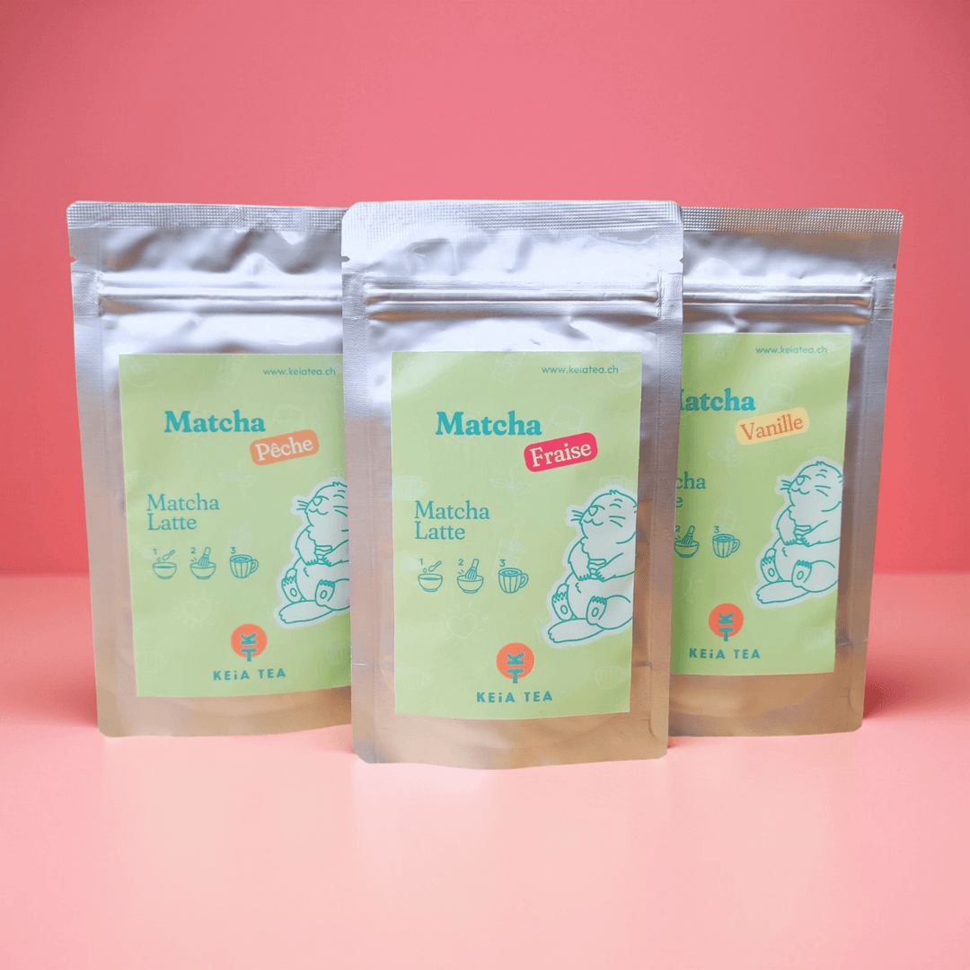 Pack de matcha latte aromatisés par keia tea à la pêche, fraise et vanille