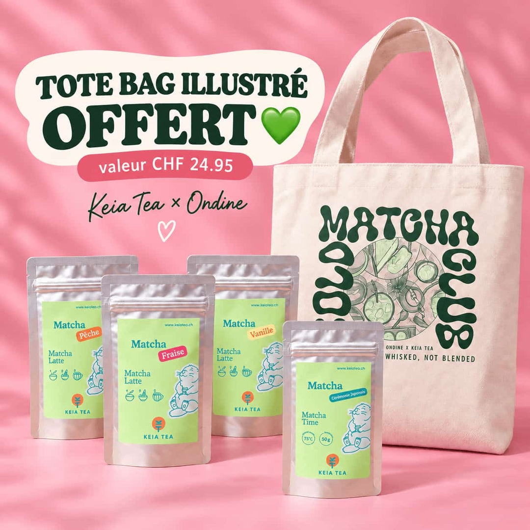 Matcha Lovers Pack Keia Tea avec 4 matchas bio du Japon et tote bag illustré Keia Tea x Ondine offert