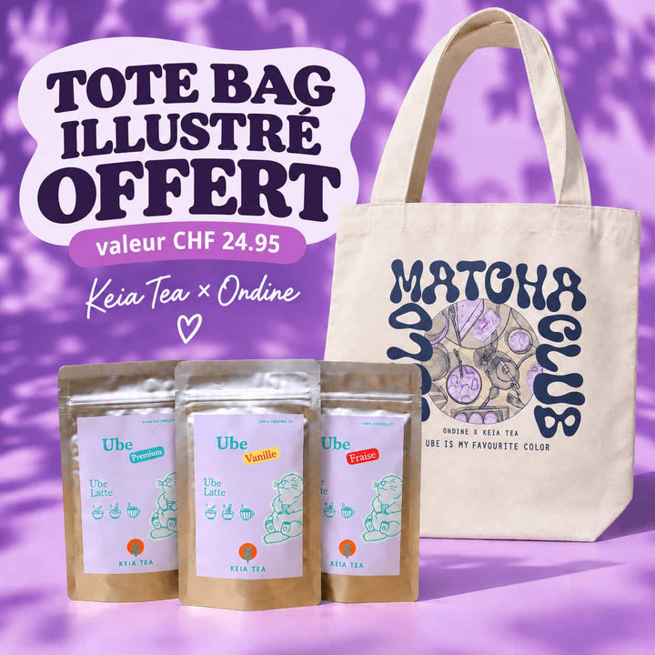 Ube Lovers Pack Keia Tea avec 3 poudres Ube Nature Vanille Fraise et tote bag illustré Keia Tea x Ondine offert