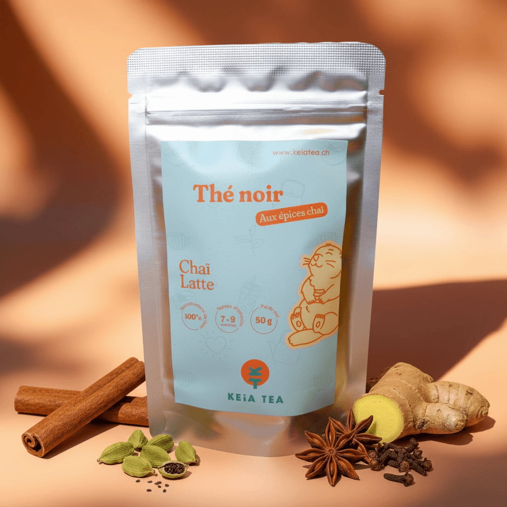 Sachet de chai latte bio aux épices, Keia Tea, boutique de thé suisse spécialisée dans les thés et lattes bio