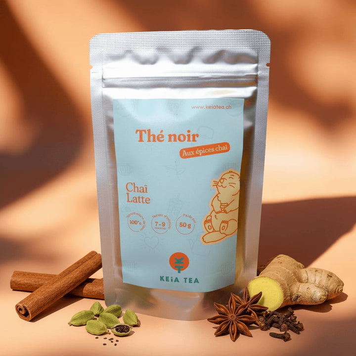Sachet de chai latte bio aux épices, Keia Tea, boutique de thé suisse spécialisée dans les thés et lattes bio