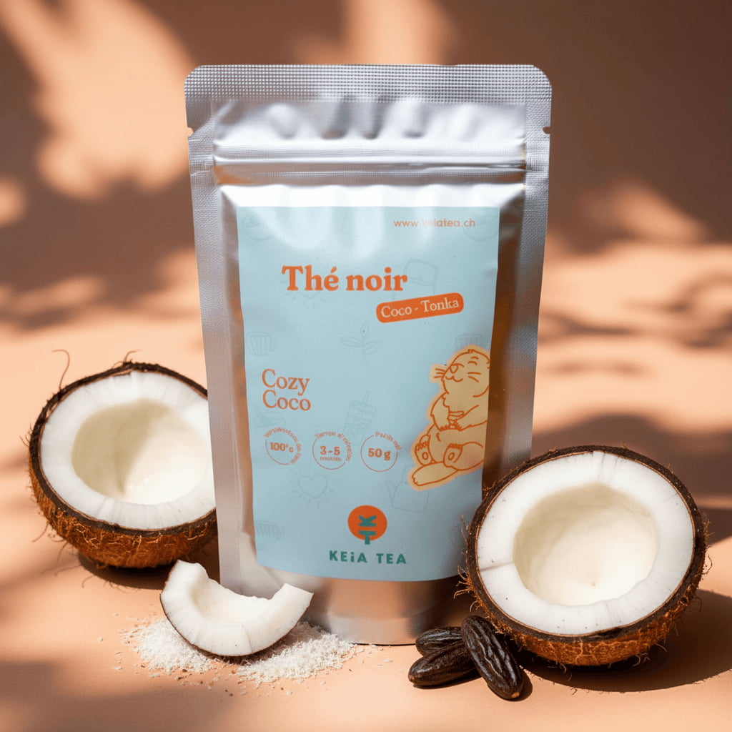 Sachet de thé noir bio Cozy Coco à la coco et fève tonka, collection d'hiver Keia Tea, boutique de thé suisse