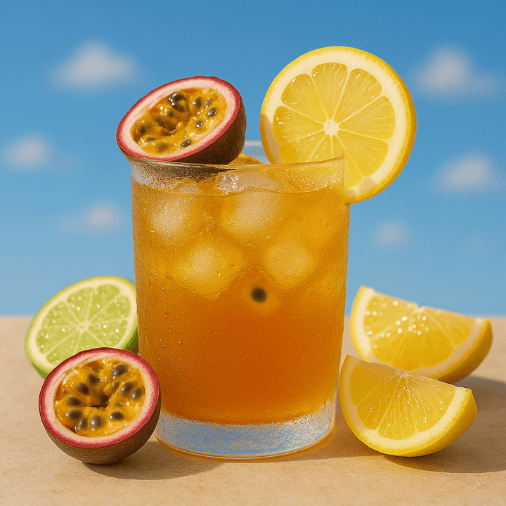 Recette de thé glacé maison au thé noir earl grey exotique au fruit de la passion.