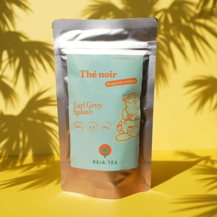 Sachet de thé noir bio Earl Grey Splash de Keia Tea, mélange fruité à la bergamote, produit suisse en vrac.