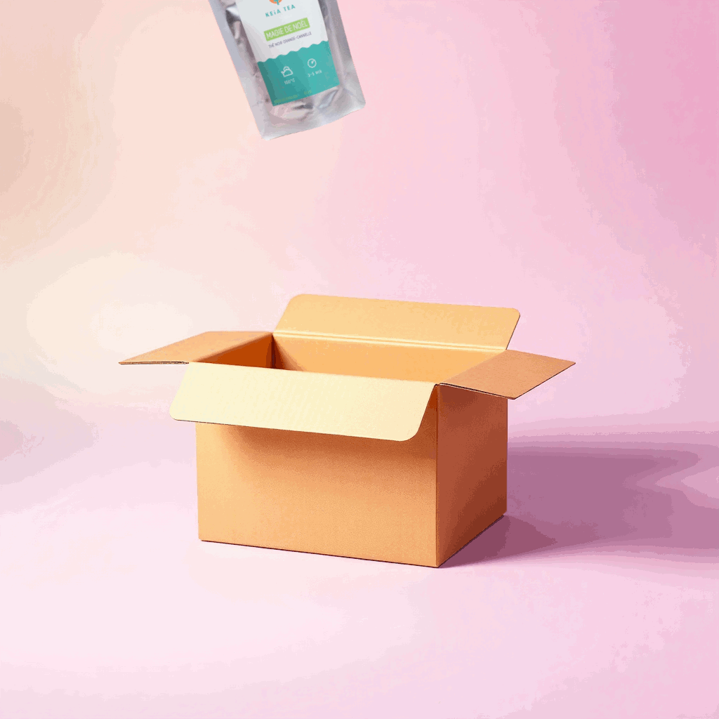 Gif animé montrant des thés tombant dans une boîte, illustrant notre box à thé trimestrielle exclusive pour les amateurs de thé en Suisse.
