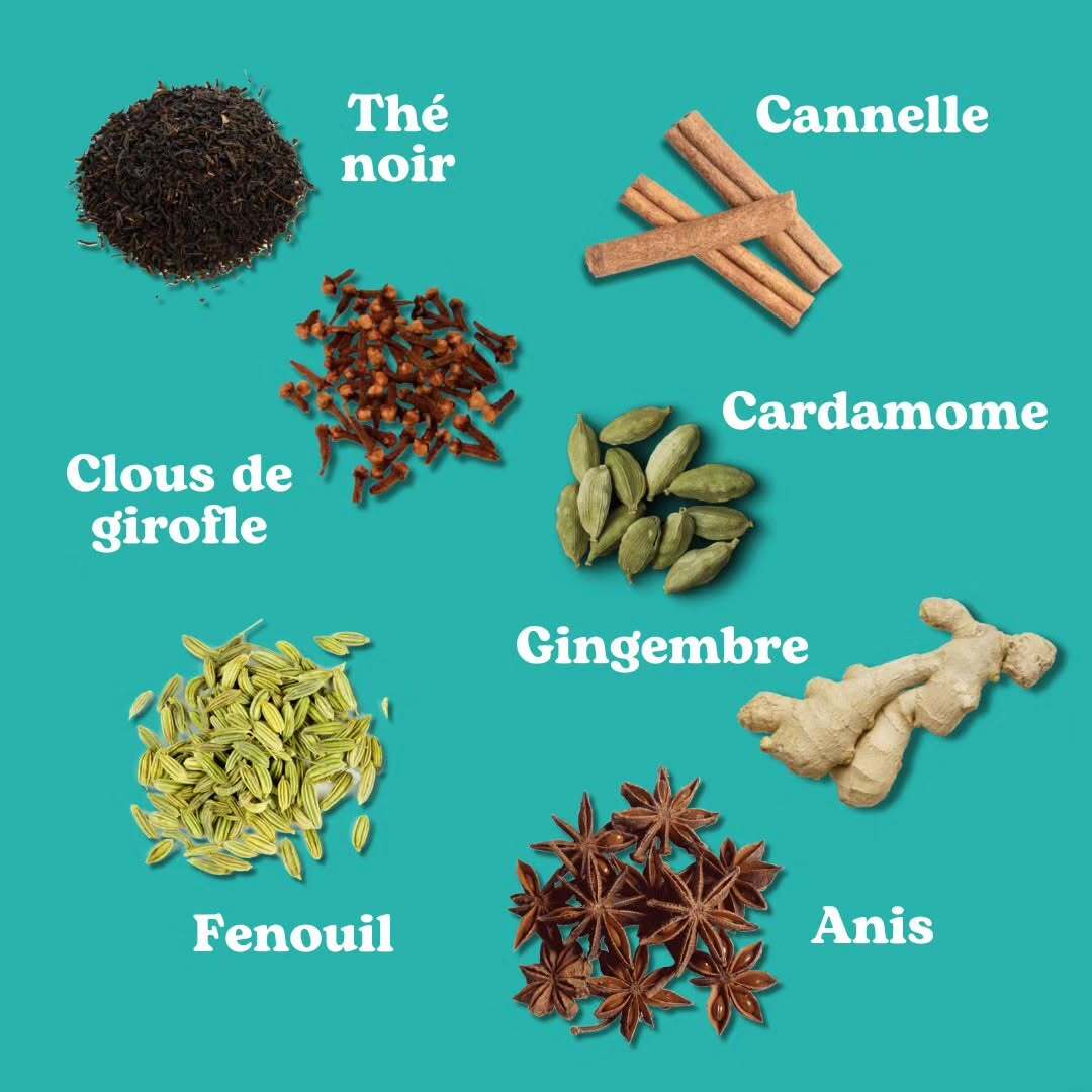 Ingrédients authentiques du chai – mélange épicé de thé, épices et lait pour une expérience gustative unique dans notre boutique de thé en vrac suisse.