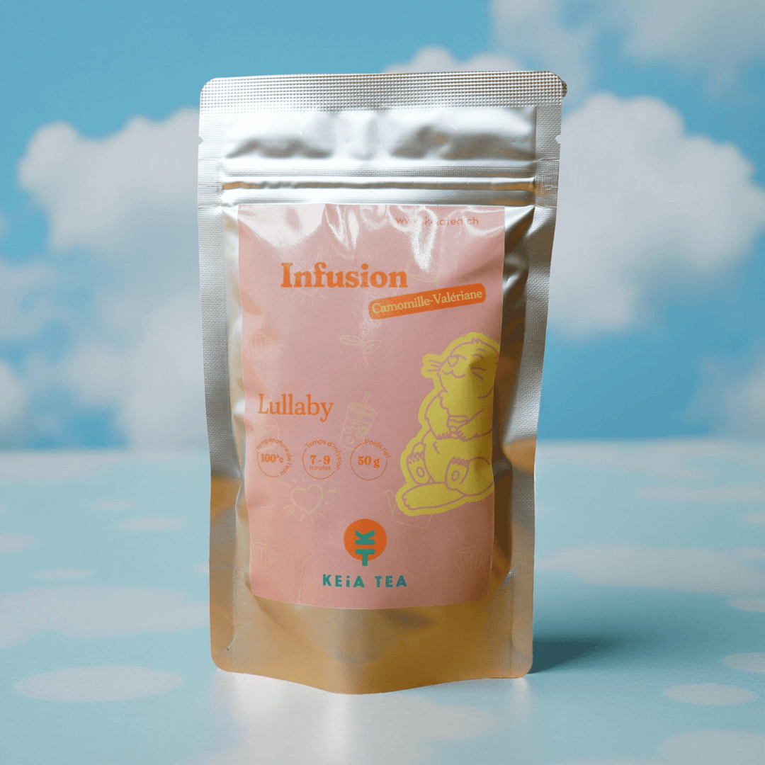 Sachet de thé keia tea contenant l'infusion apaisante camomille et valériane.
