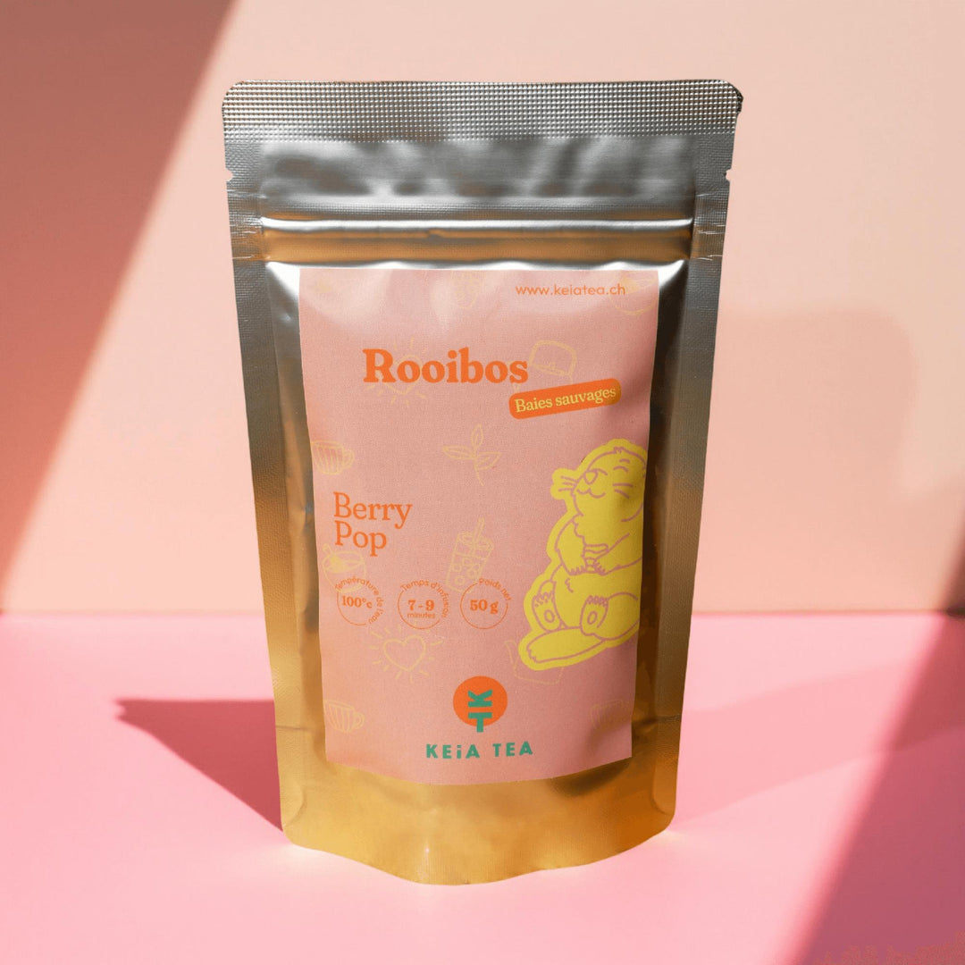Sachet de rooibos bio Berry Pop de Keia Tea, infusion fruitée aux baies sauvages, produit suisse en vrac.