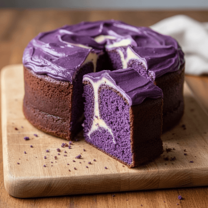Cake au ube moelleux, couleur violette naturelle préparé avec Keia Tea.