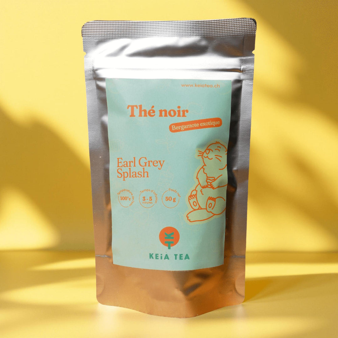 Sachet de thé noir bio Earl Grey Splash de Keia Tea, mélange fruité à la bergamote, produit suisse en vrac.