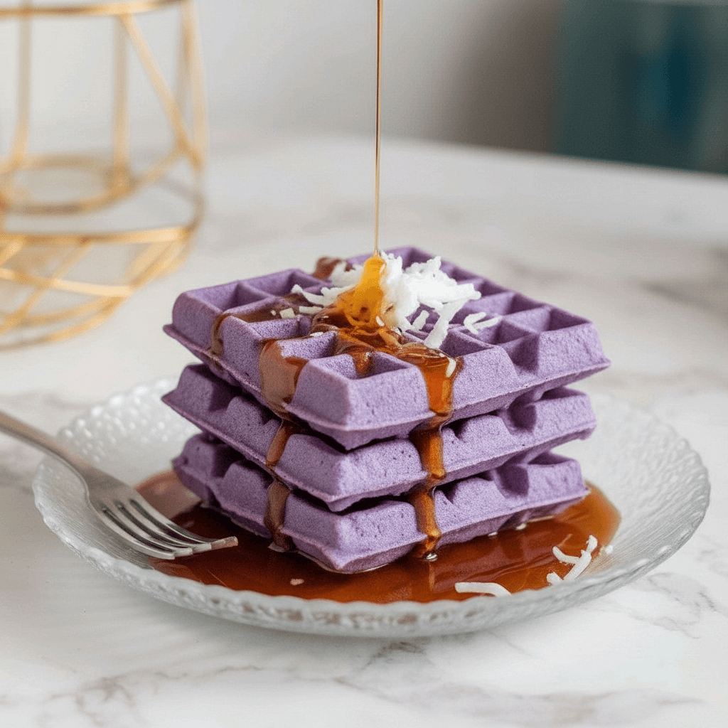 Gaufres au ube violettes, gourmandes et naturelles.