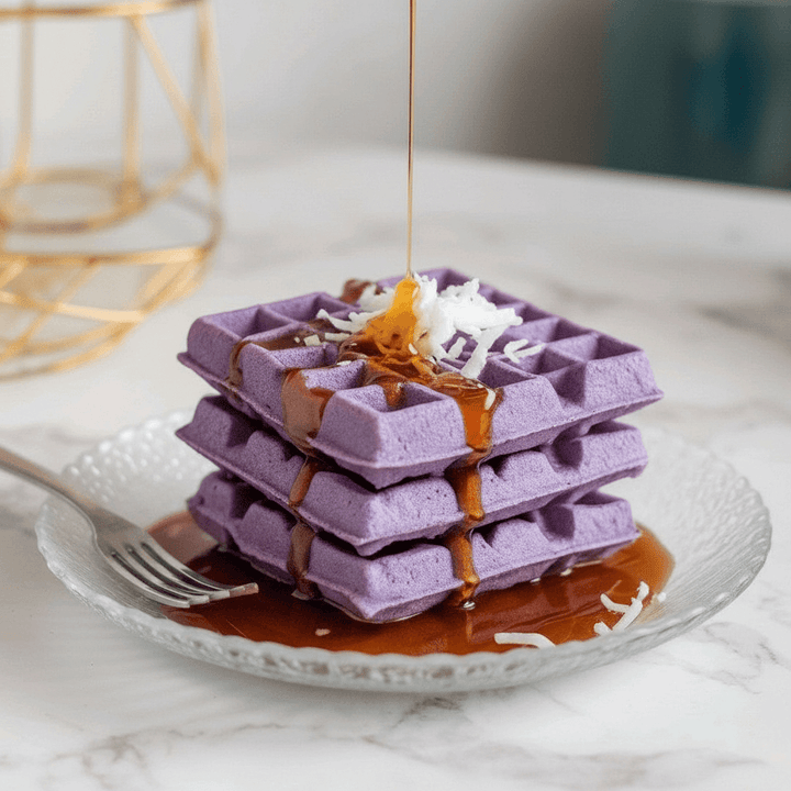 Gaufres au ube violettes, gourmandes et naturelles.