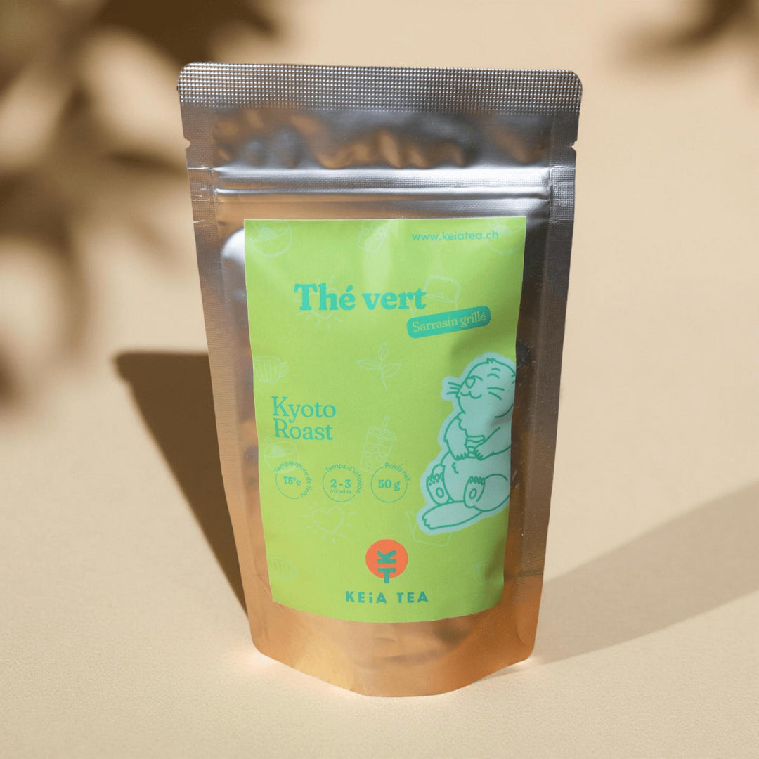 Sachet de thé vert bio Kyoto Roast de Keia Tea, infusion au sarrasin grillé, produit suisse en vrac.