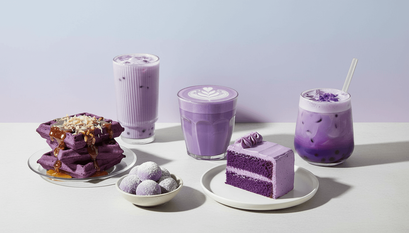 Bannière Keia Tea présentant un ube latte violet crémeux.