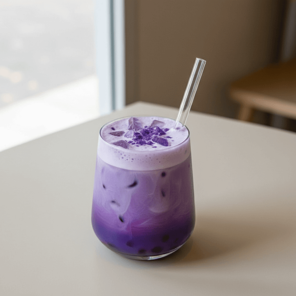 Ube latte glacé dans un verre transparent, boisson violette crémeuse Keia Tea.