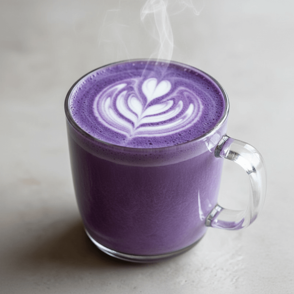 Tasse d'ube latte nature chaud, boisson violette onctueuse.