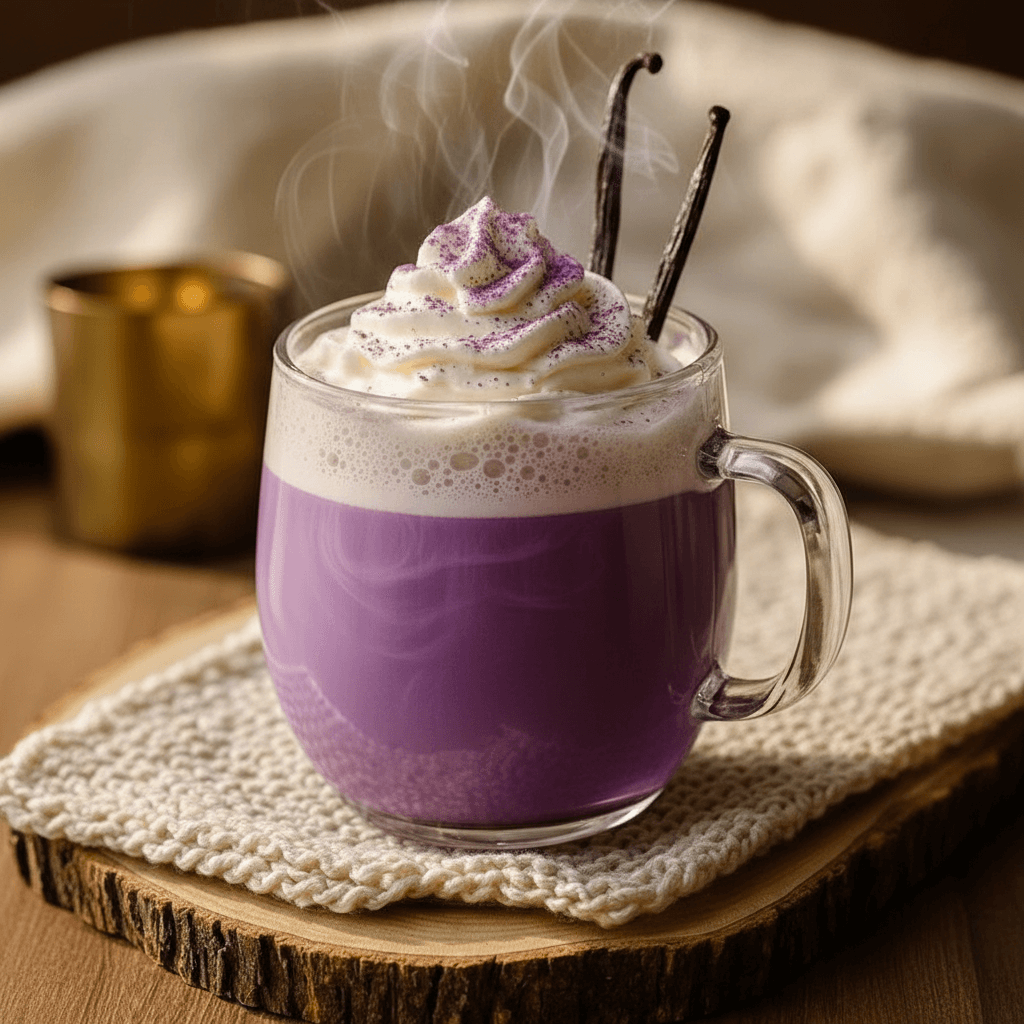 Ube latte vanille chaud, boisson violette douce et cozy.