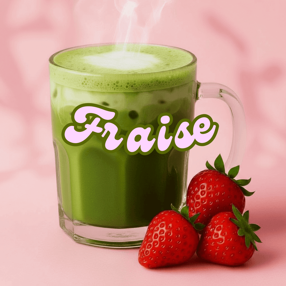 Un délicieux et gourmand matcha aromatisé à la fraise tout droit venu du Japon naturel, premium et sans sucre.