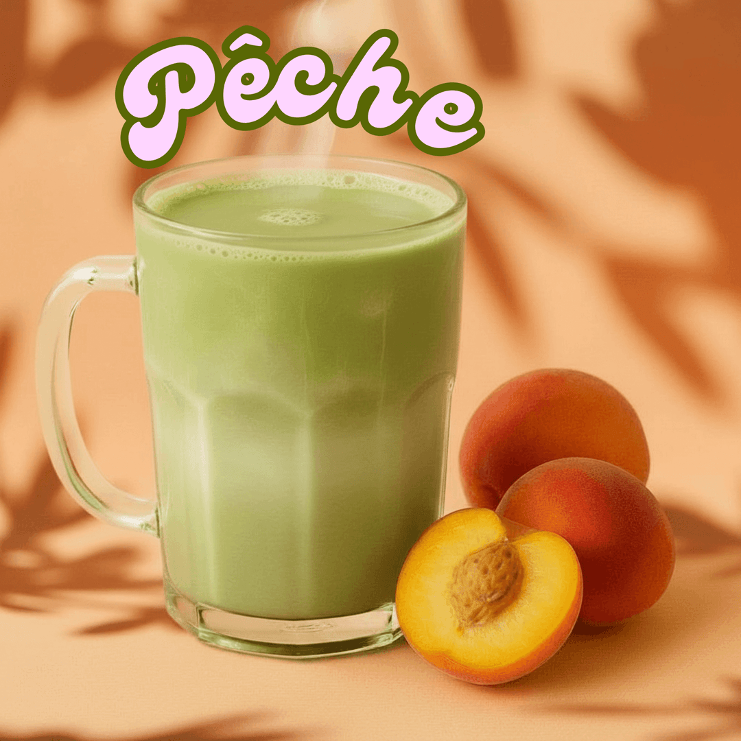 Découvre notre délicieux matcha latte aromatisé à la pêche, sans sucre et 100% naturel.