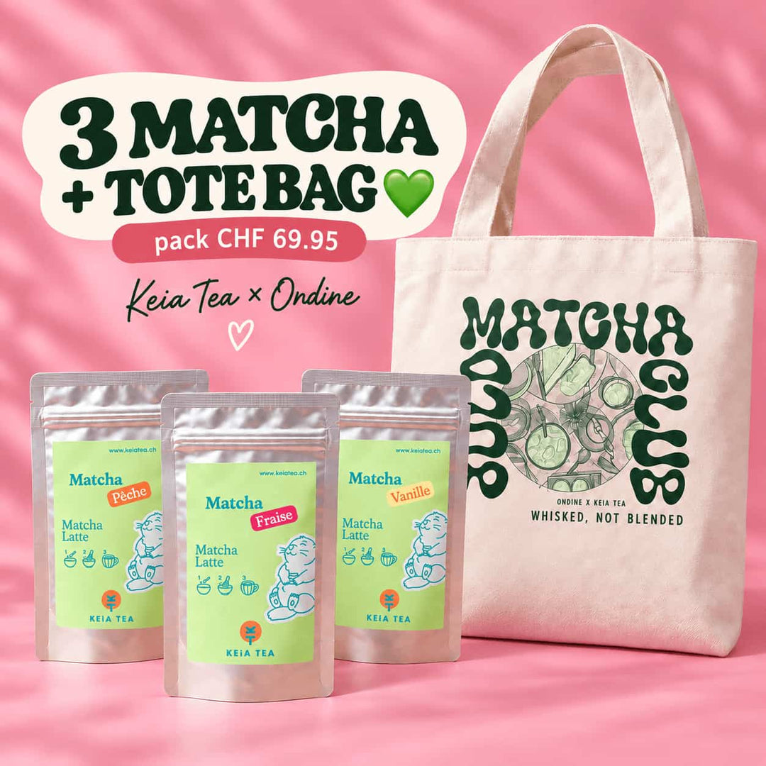 Matcha Lovers Pack Keia Tea avec matchas Vanille Fraise Pêche et tote bag illustré Keia Tea x Ondine