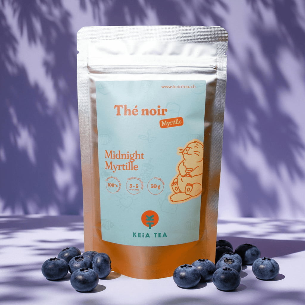 Sachet de thé noir bio Midnight Myrtille à la myrtille, collection d'hiver Keia Tea, thé suisse