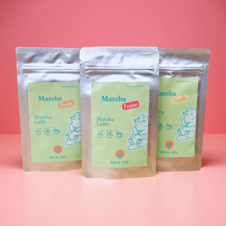 Pack de matcha latte aromatisés par keia tea à la pêche, fraise et vanille