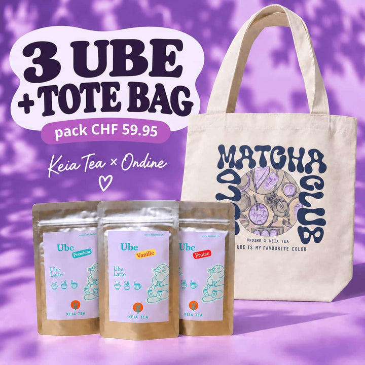 Ube Lovers Pack Keia Tea avec 3 poudres Ube Nature Vanille Fraise et tote bag illustré Keia Tea x Ondine