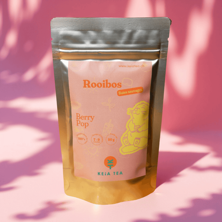 Sachet de rooibos bio Berry Pop de Keia Tea, infusion fruitée aux baies sauvages, produit suisse en vrac.