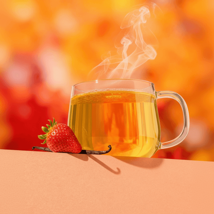 une délicieuse tasse de thé blanc raffiné une gousse de vanille et une fraise posées à côté.