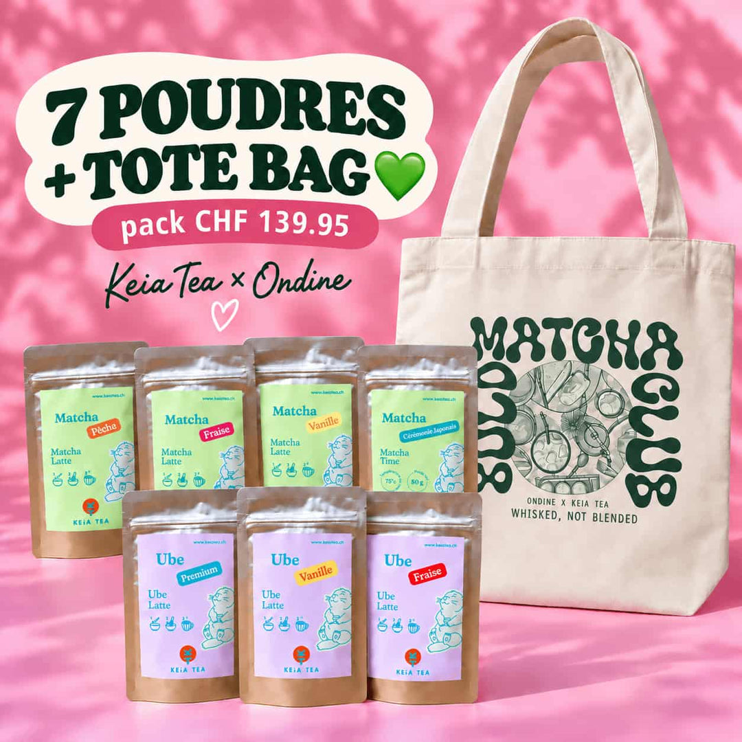 Ultimate Lovers Pack KEiA Tea avec 4 matchas 3 Ube et tote bag illustré au choix Matcha