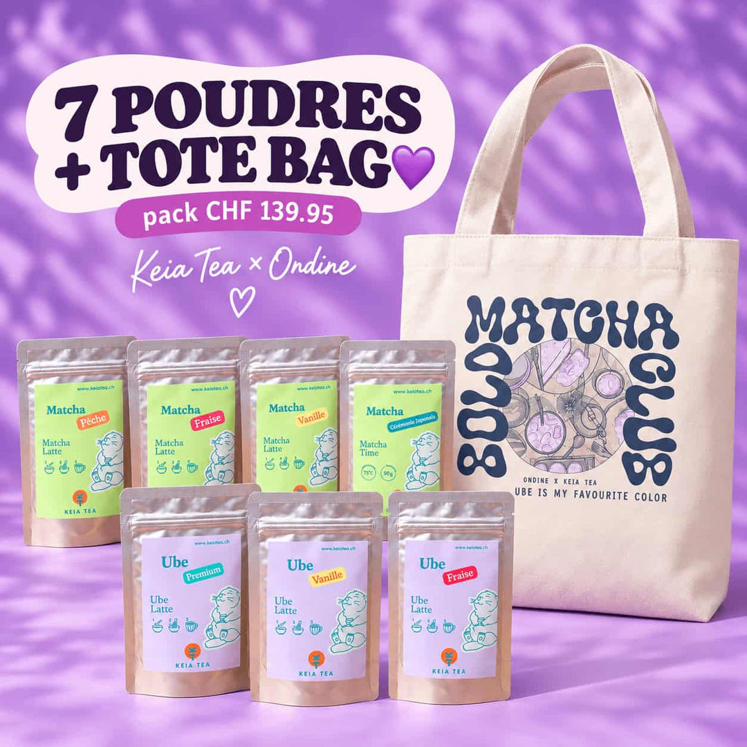 Ultimate Lovers Pack KEiA Tea avec 4 matchas 3 Ube et tote bag illustré au choix